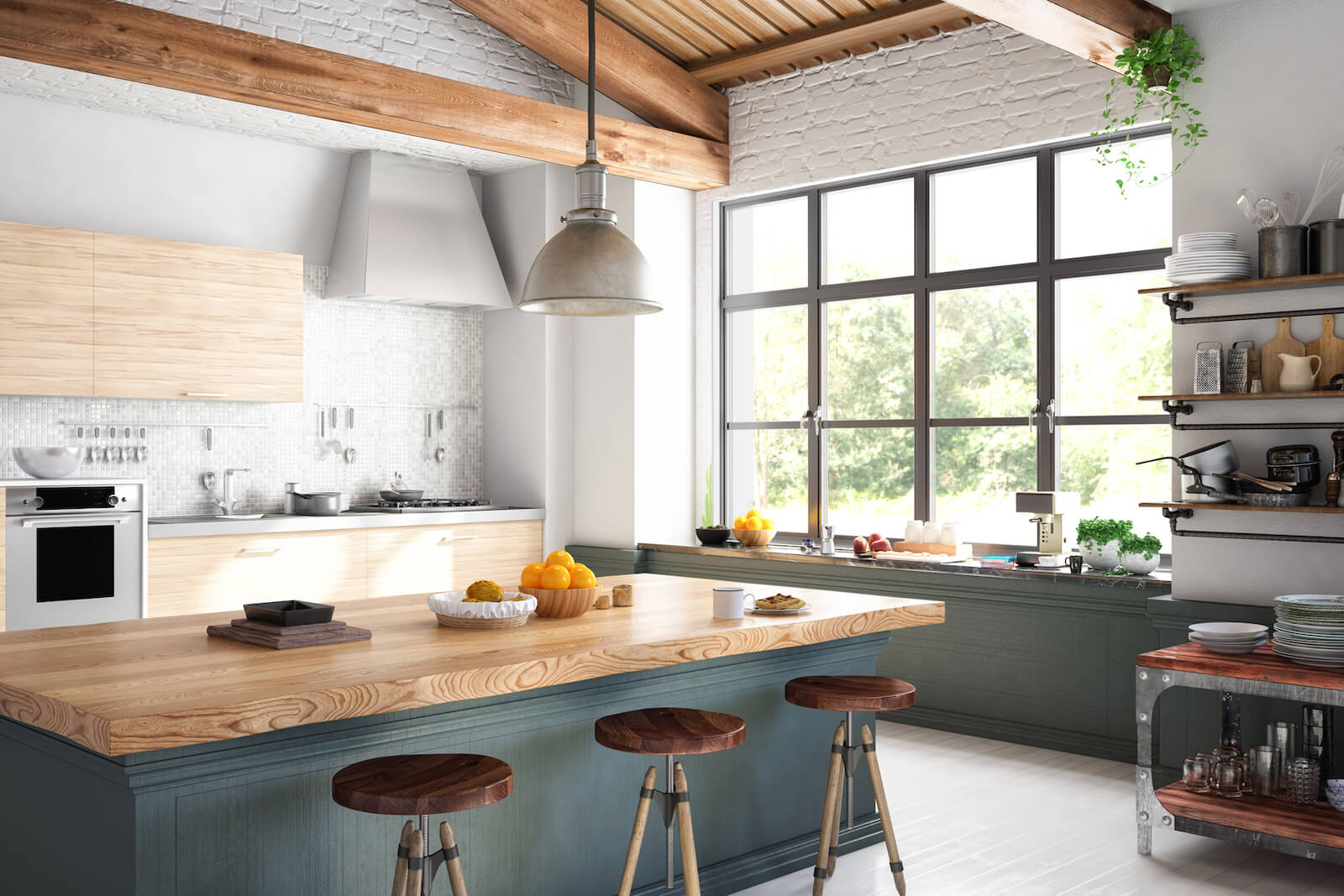 Interior view of a kitchen with a large window.