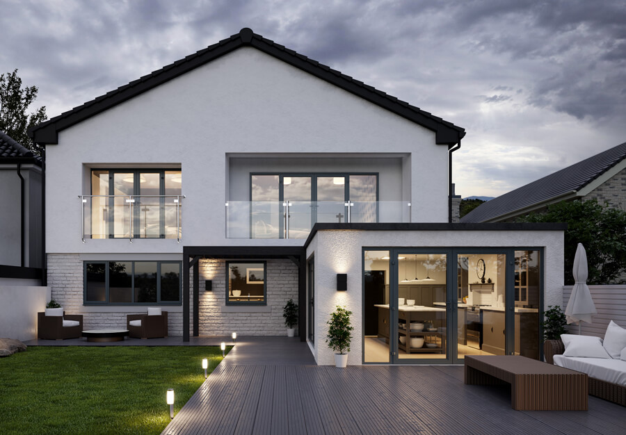 Garden view of white modern home with black details