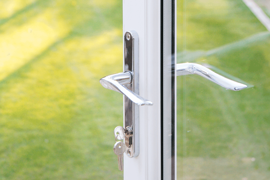 Open white french door chrome handle with keys