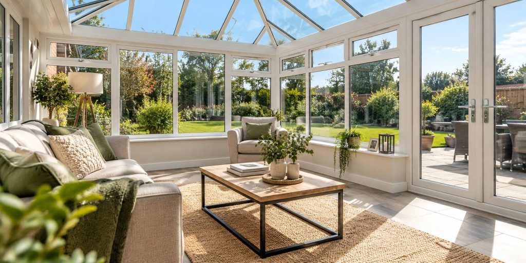 Bright modern conservatory with comfortable seating, large glass windows and views of a landscaped garden.