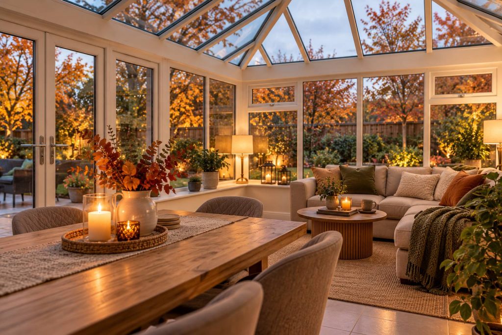 Cosy conservatory dining and living area with warm lighting and colourful autumn leaves visible through the windows.