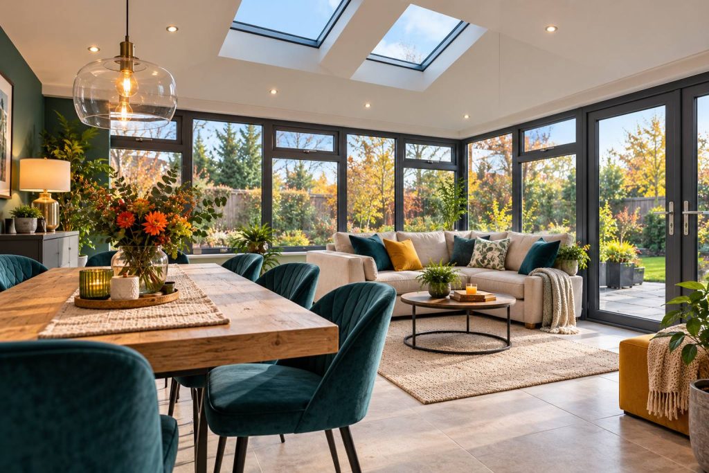 Cosy conservatory dining and living area with warm lighting and colourful autumn leaves visible through the windows.